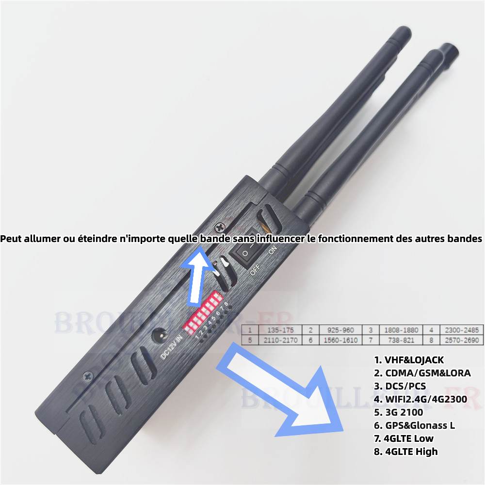 Brouilleur de Signal Portable Sélectionnable 2G/3G/4G/GPS/WIFI/Lojack Haute  Puissance avce 8 antennes 